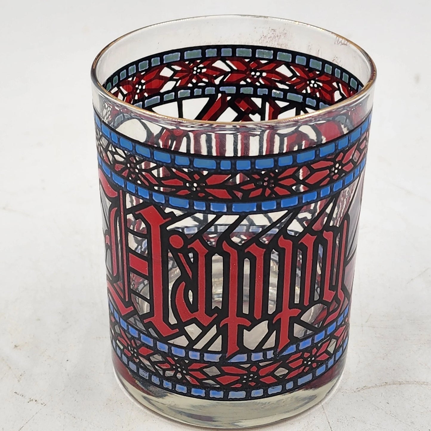 3 Houze Happy Holidays Old Fashioned Stained Glass 3.25"d x 4"h MCM Barware