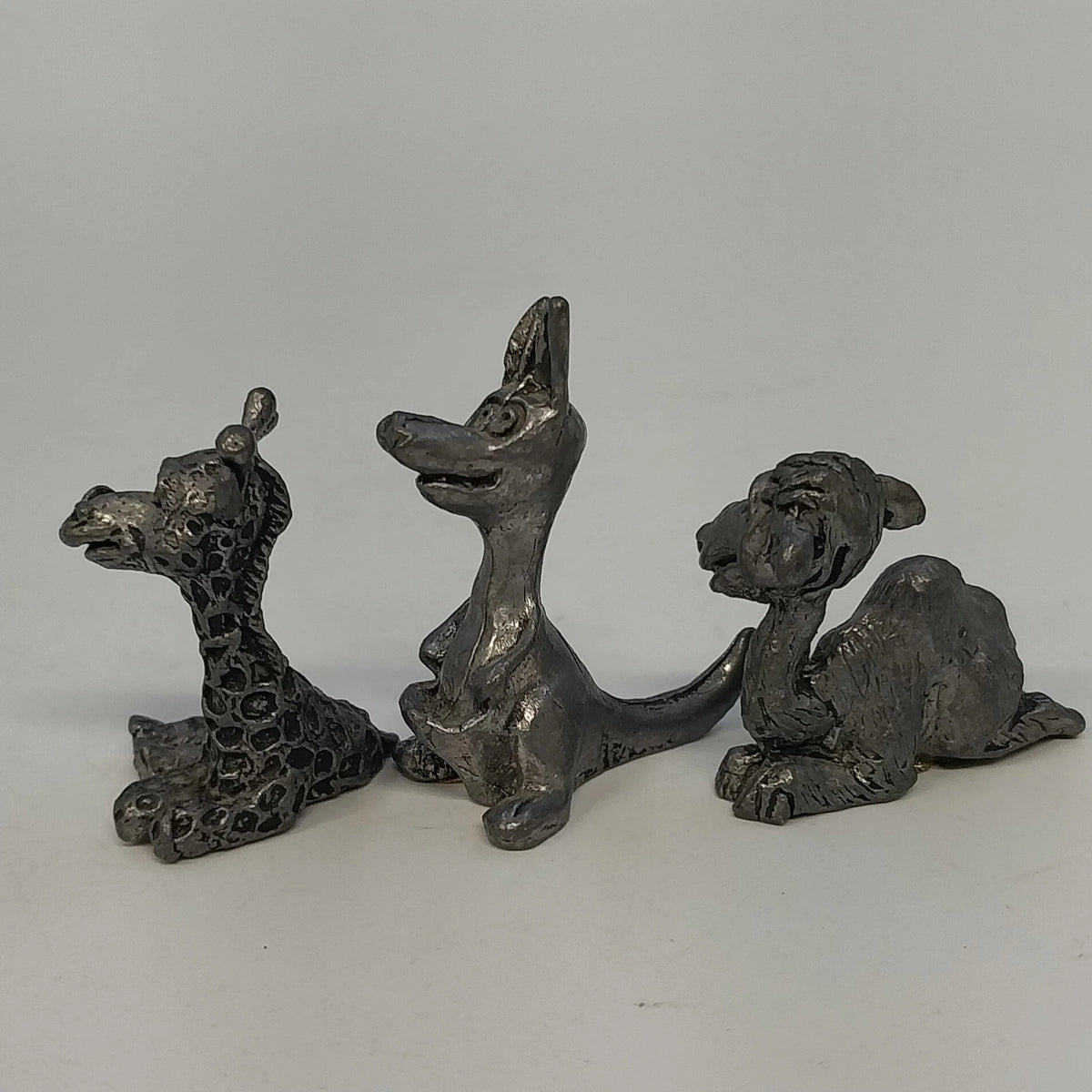 3Pcs Whimsical Pewter Giraffe Kangaroo Monkey Miniature Figurines Animal Vintage