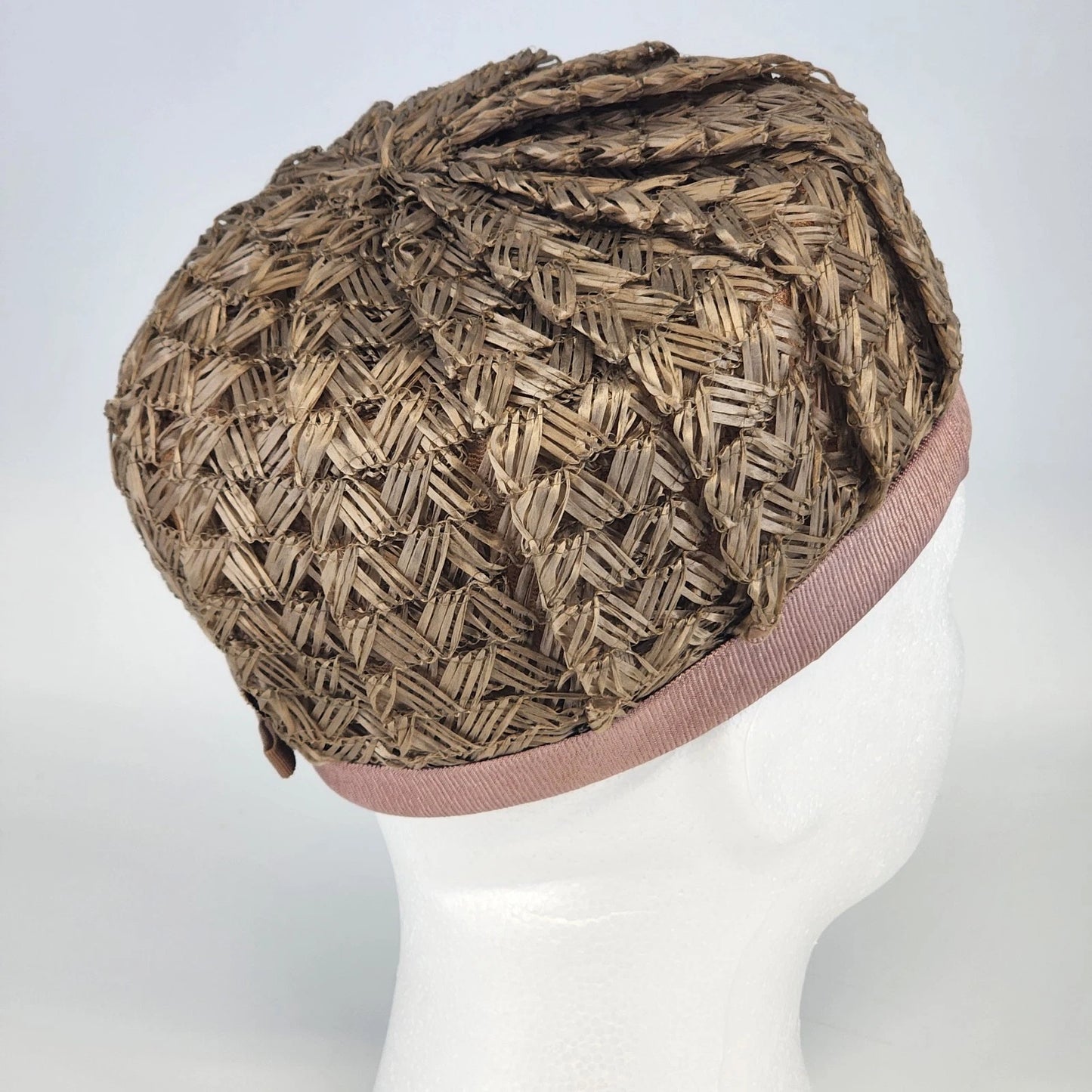 1960s Straw Raffia Halo Pillbox Hat Light Brown Ribbon Trim Dressy Women's Vtg