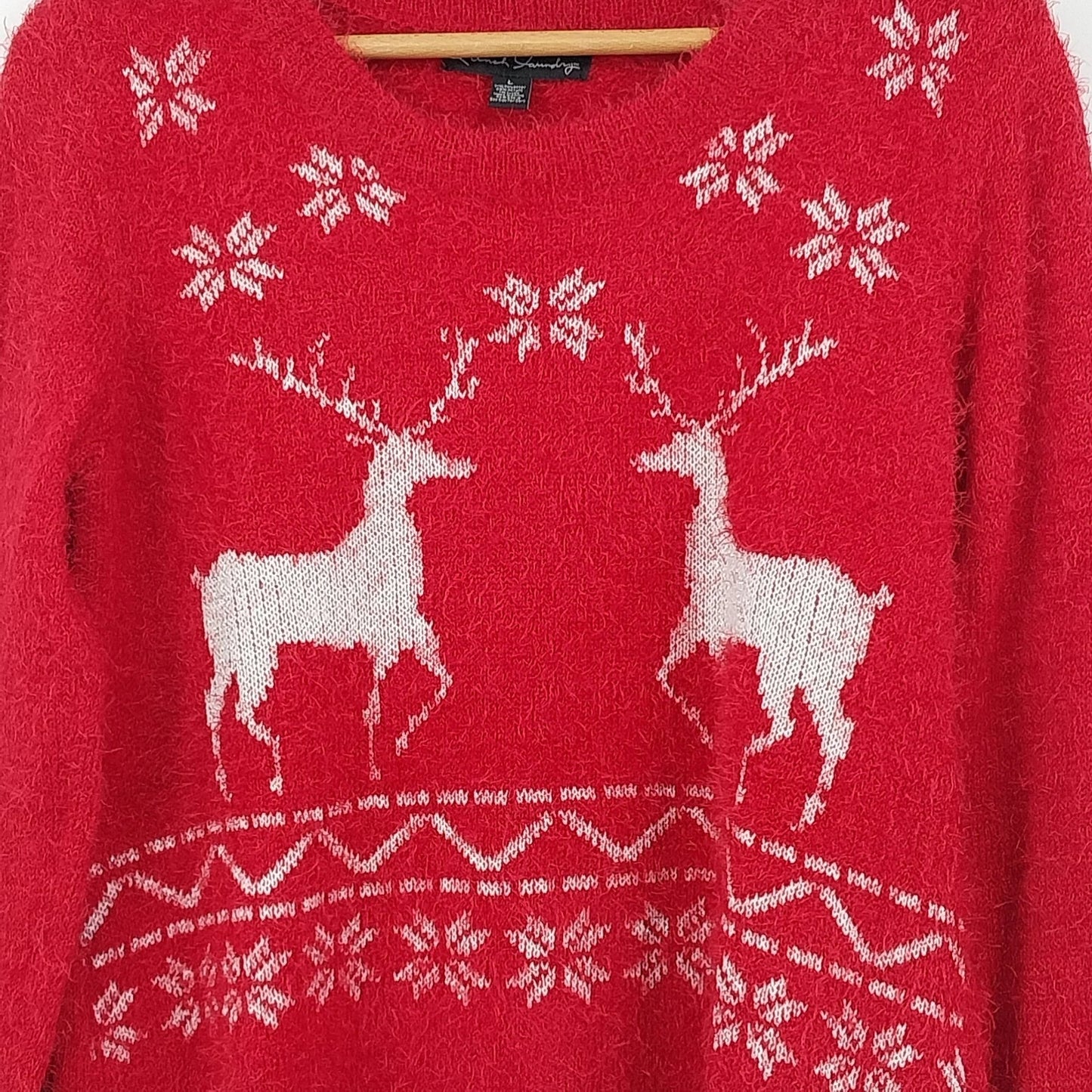 French Laundry Christmas Sweater Large Red Silver Fuzzy Deer Snowflake Slits Vtg