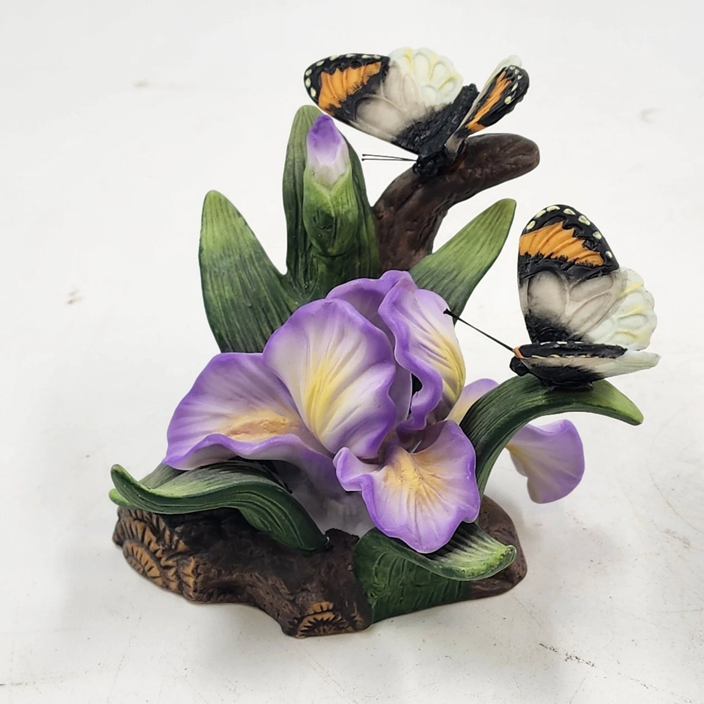 Vemar Collection Porcelain Figurine Purple Iris Red Rose 2 Butterflies Wood Base