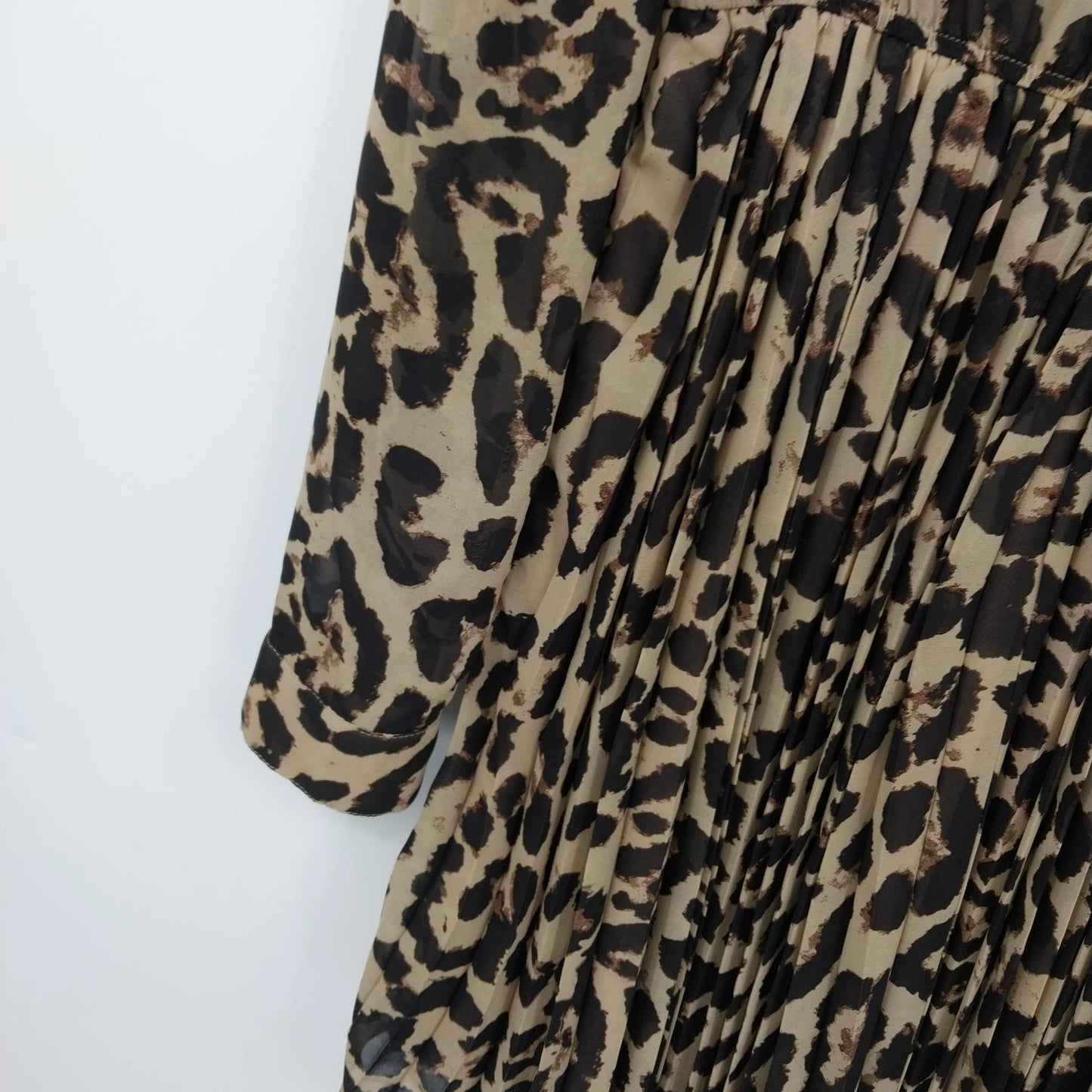 Xtaren Women's Leopard Print Sheer Pleated Mini Shirt Dress Long Sleeve Small