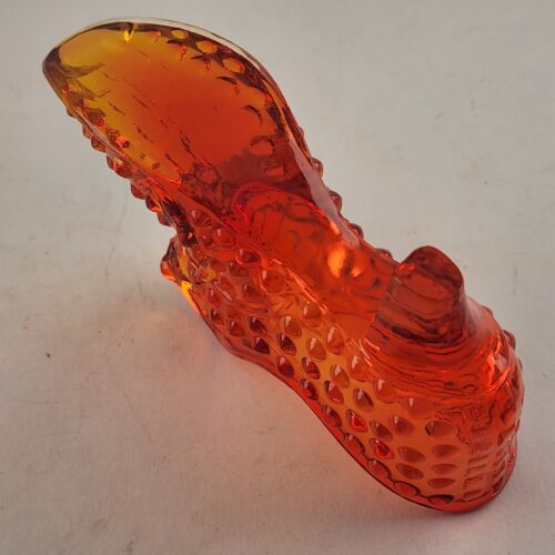 Fenton Hobnail Amber Glass Shoe Cat Head Art Glass Slipper Vintage Boot Amberina