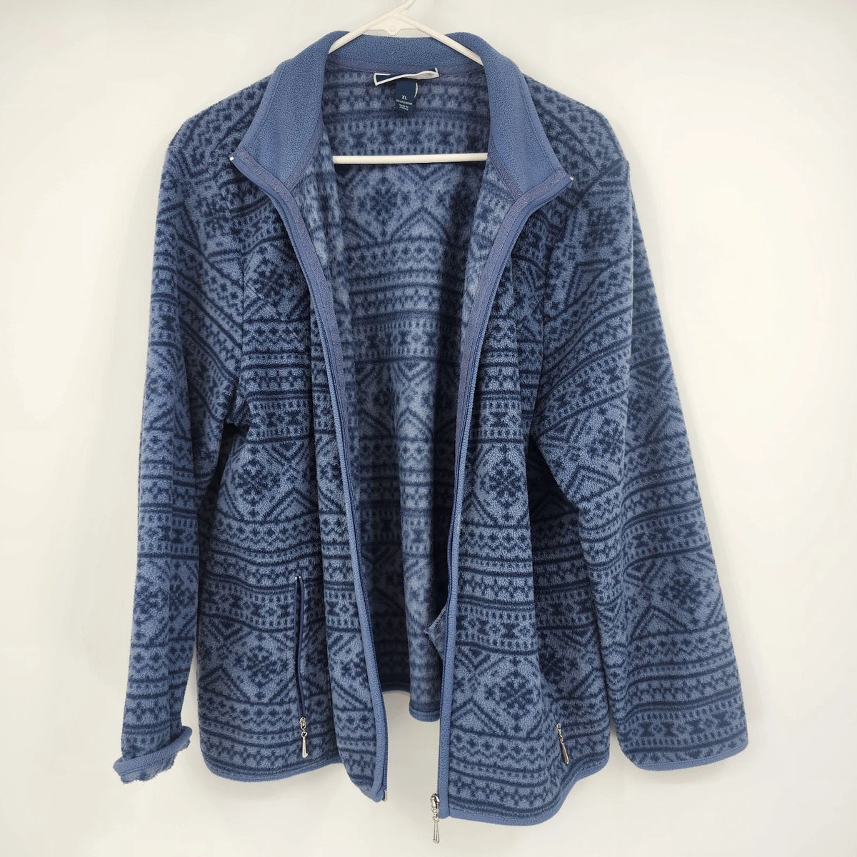 Fair Isle Women's Fleece Jacket XL Blue Nordic Full Zip Pockets Made Jordan