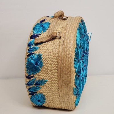 Woven Raffia Hat Box Suitcase Train case Blue Floral Travel 16" Boho Vintage