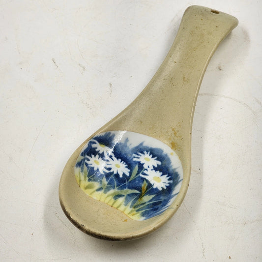 Pottery Spoon Rest Daisy Flowers Ceramic 9" Kitchen Decor Boho Cottagecore