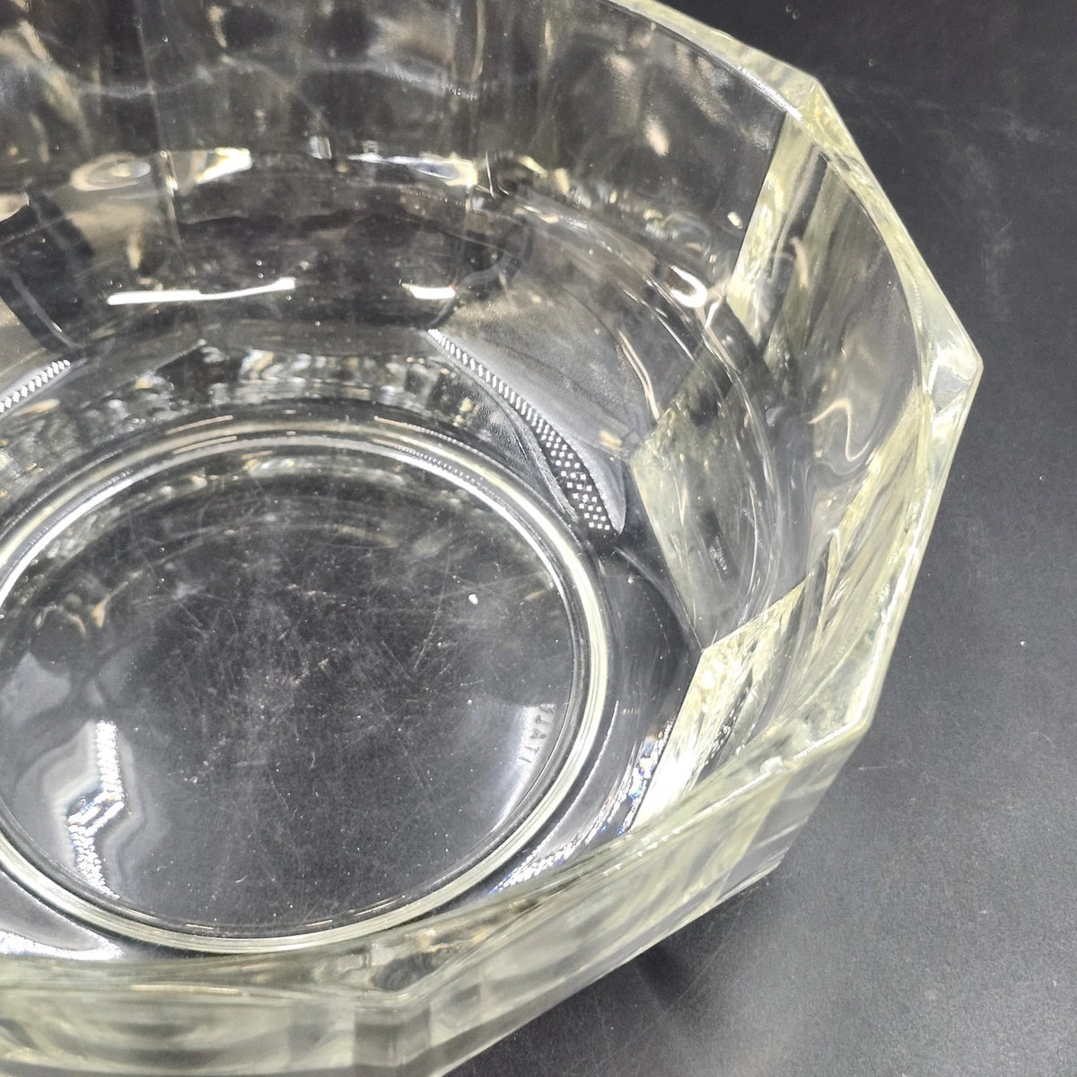 Clear Glass 10 Sided Serving Bowl 8.5" Heavy Paneled Thick Faceted Sides Vtg