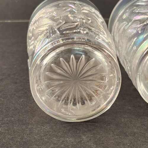 2 Imperial Robin Bird Tumblers Icy White Iridescent Carnival Glass Embossed 8 oz