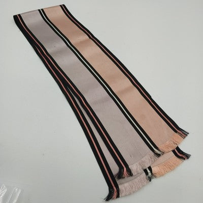 Pink Gray Black Striped Satin Sash Neck Scarf 36" x 5" Fringed Ends Vintage Wrap