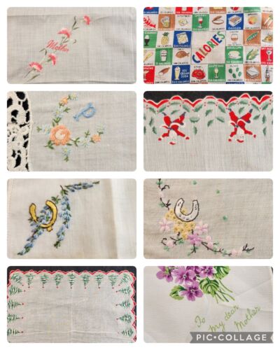 8 Ladies Hankies Handkerchiefs Vintage Santa Food Mother Imperfect Embroidery