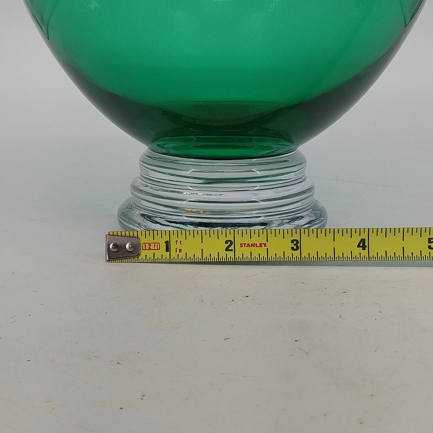 Crate & Barrel Emerald Green Art Glass Bowl Clear Base MCM Centerpiece Poland