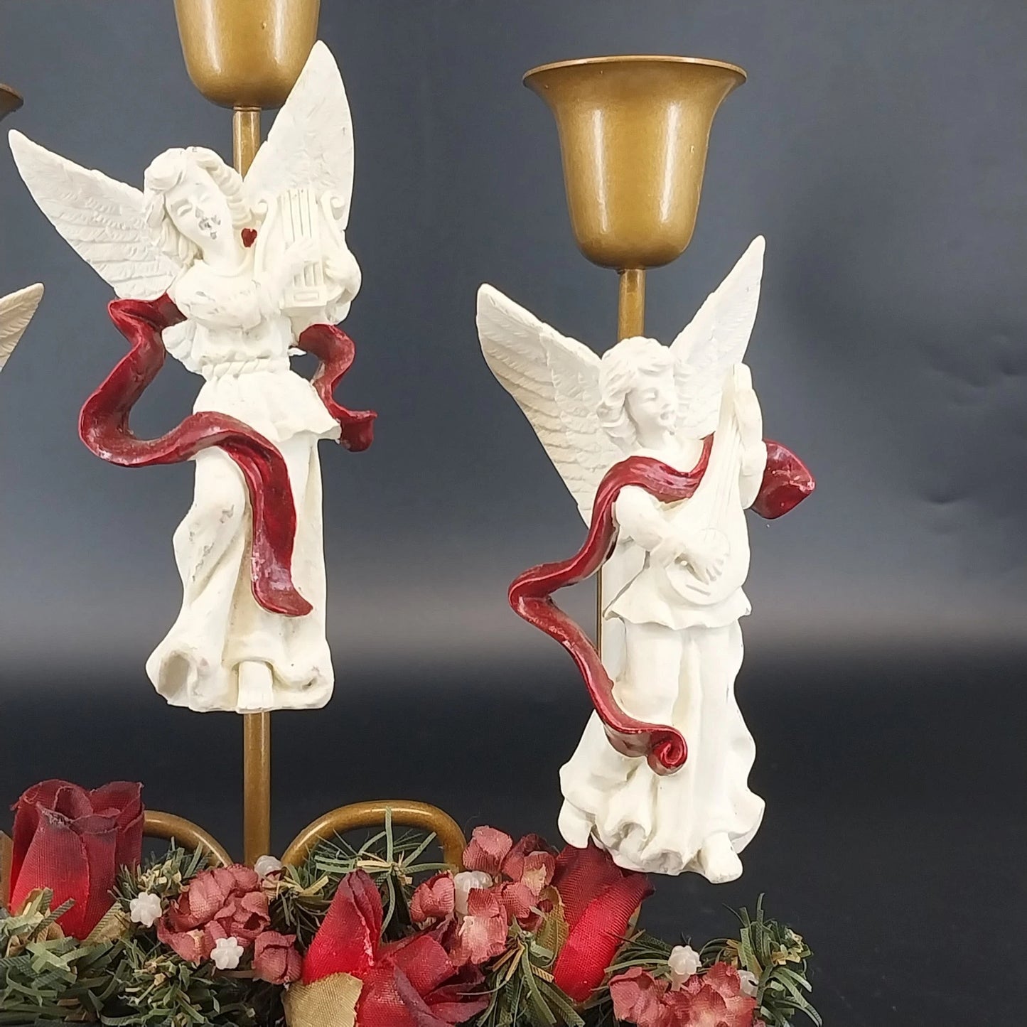 Angel Trio 3-Candle Holder Burgundy Floral Wreath Christmas Centerpiece 9"