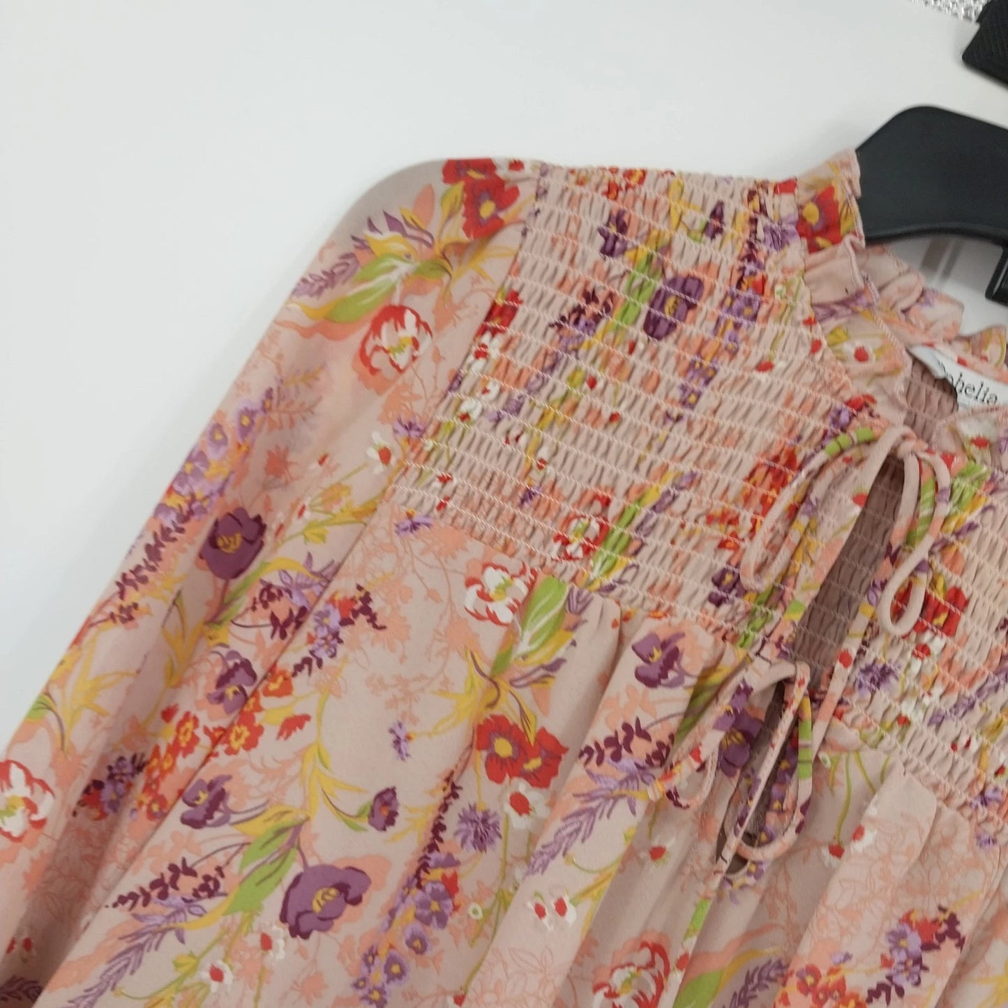 Ophelia Roe Floral Smocked Peasant Blouse Peach Long Sleeve Women's Small