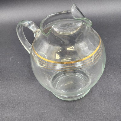 Round Bubble Shape Clear Glass Pitcher with 3 Gold Stripes & Ice Lip 8.5” 1950's