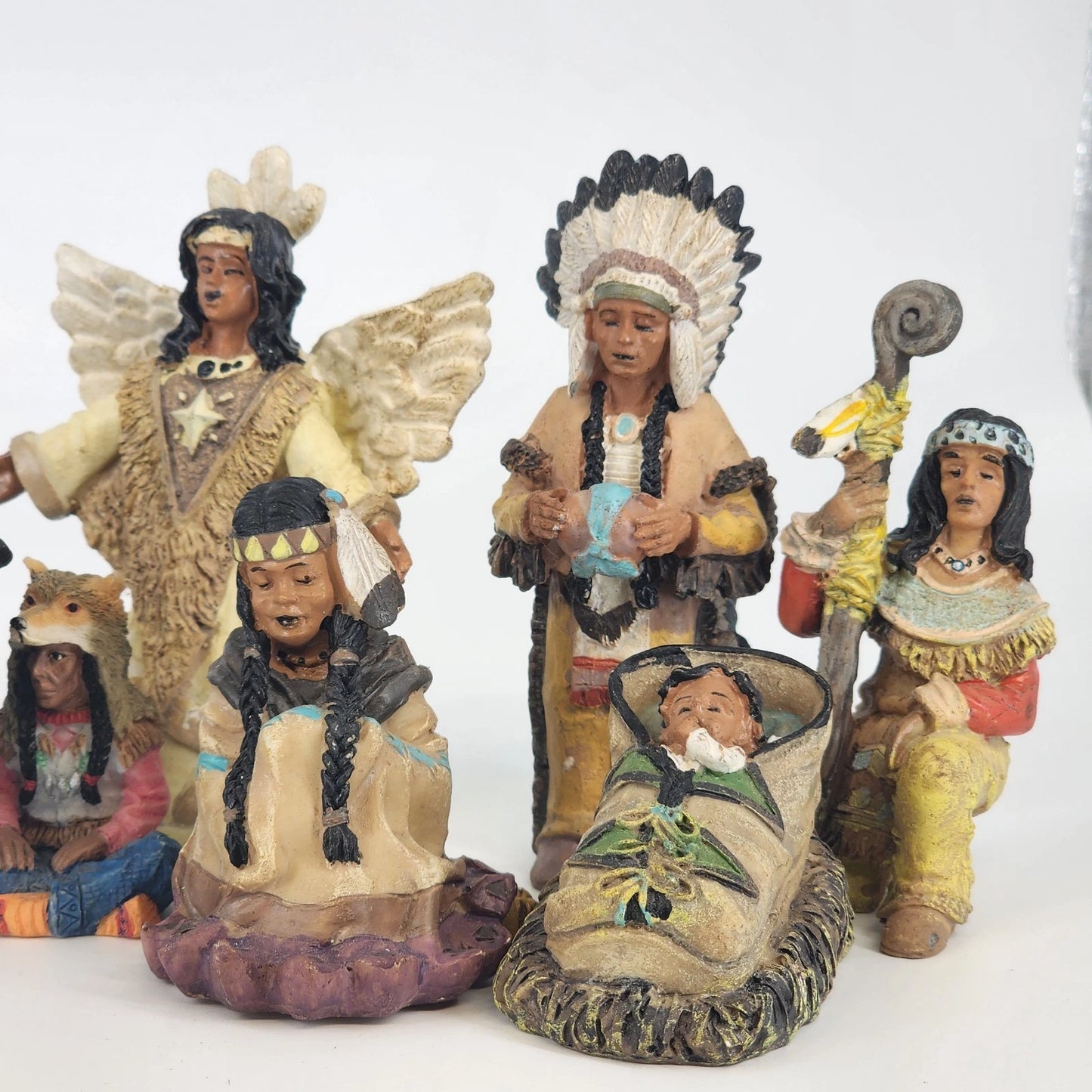 10 pc Native American Set Resin Collectible Figurines 7 People Eagle Horse Bison