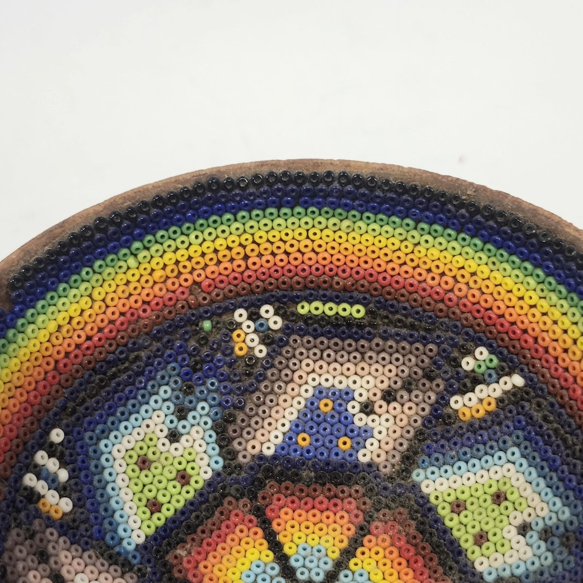 Hand Beaded Gourd Bowl Mexican Folk Art Rainbow Bird Floral Geometric 4" x 2"