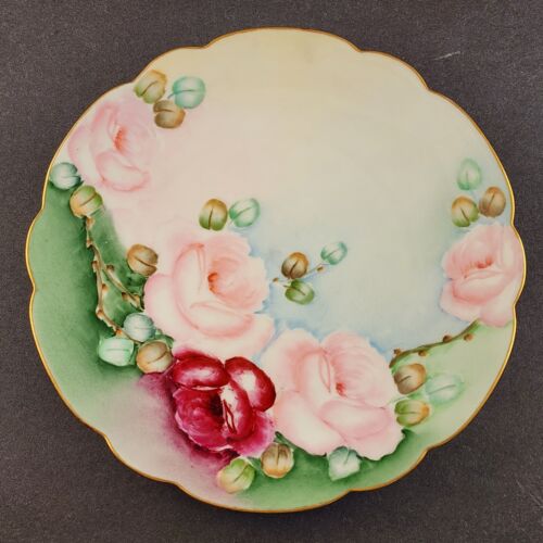 Bavarian Hand Painted 7¾" Plate Pink Roses Flowers Scalloped Gold Edge Vintage