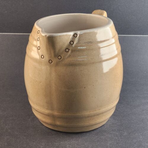 Beige Ceramic Pitcher Stoneware Jug Vintage Barrell Shape Unbranded 5"W x 7"T