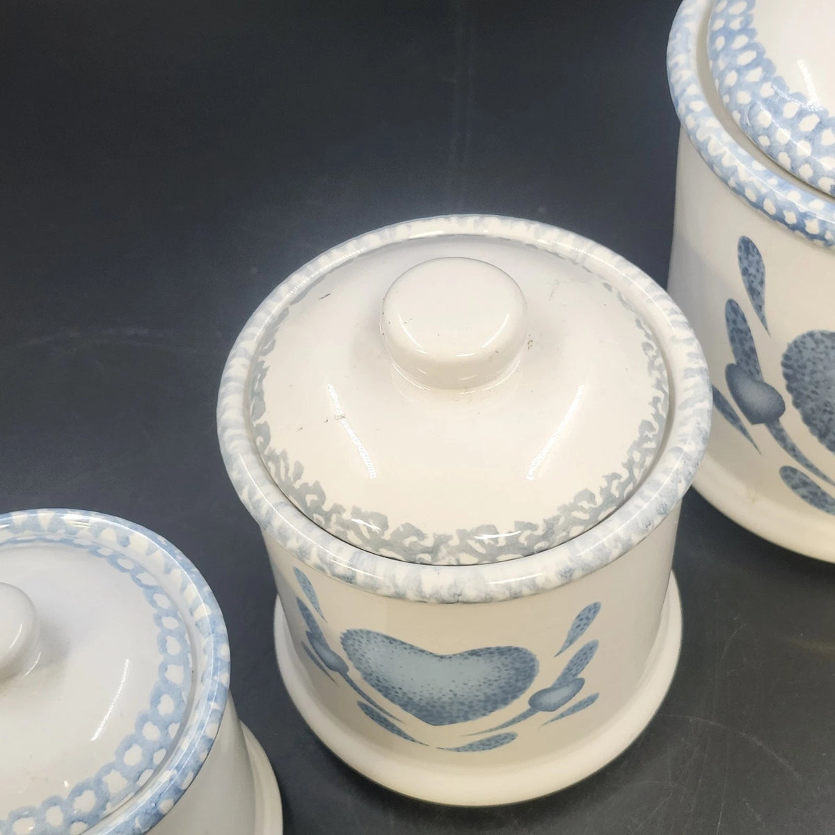 Blue Heart Canister Set 3 Lidded Ceramic Stoneware Farmhouse Kitchen Jars 1980s
