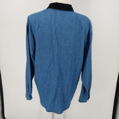 New Look Denim Shirt L Floral Embroidered Velvet Collar Long Sleeve Turkey Vtg