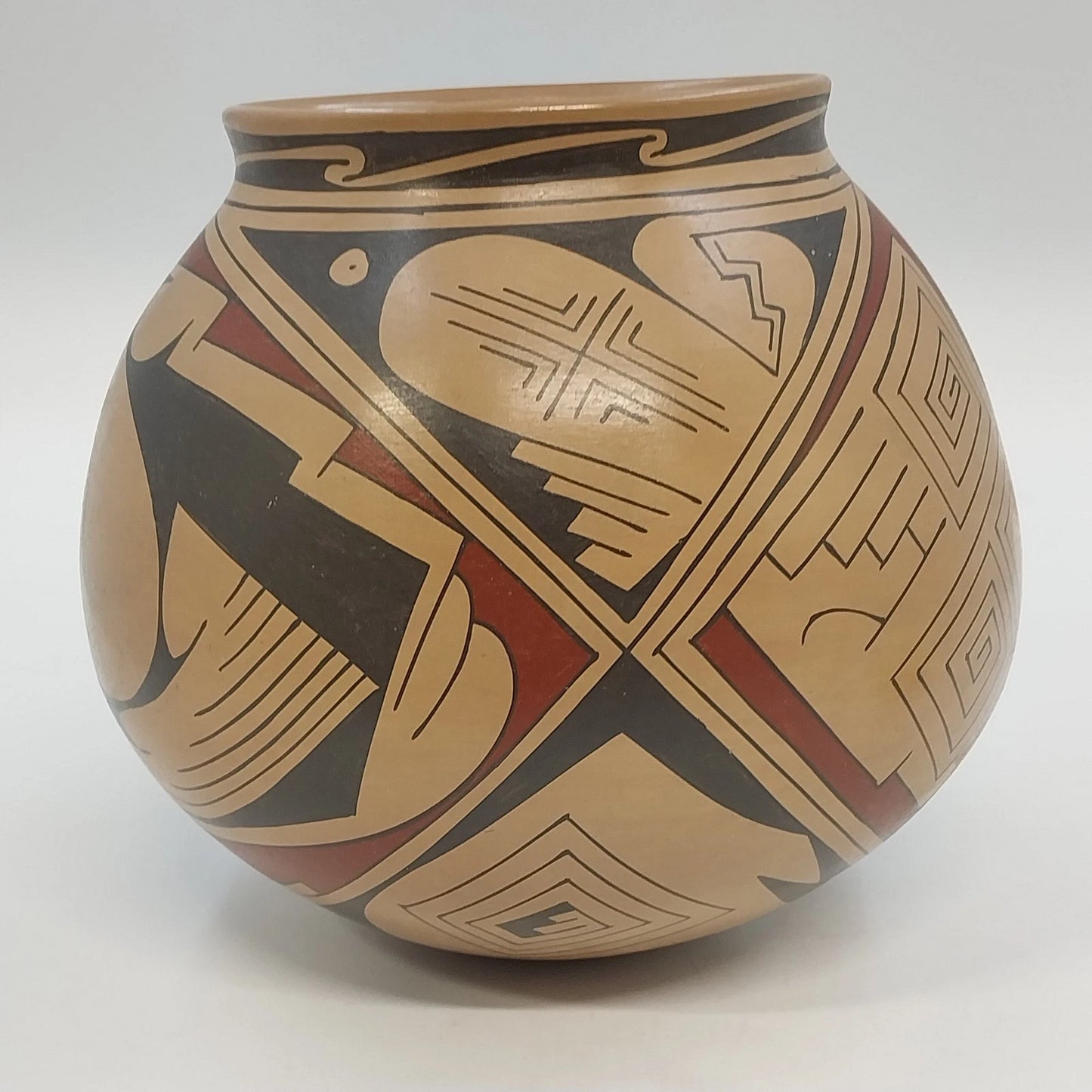 Handmade Mexican Pottery Bowl Geometric Bird Motif Tan Black Red 7" Round Bottom
