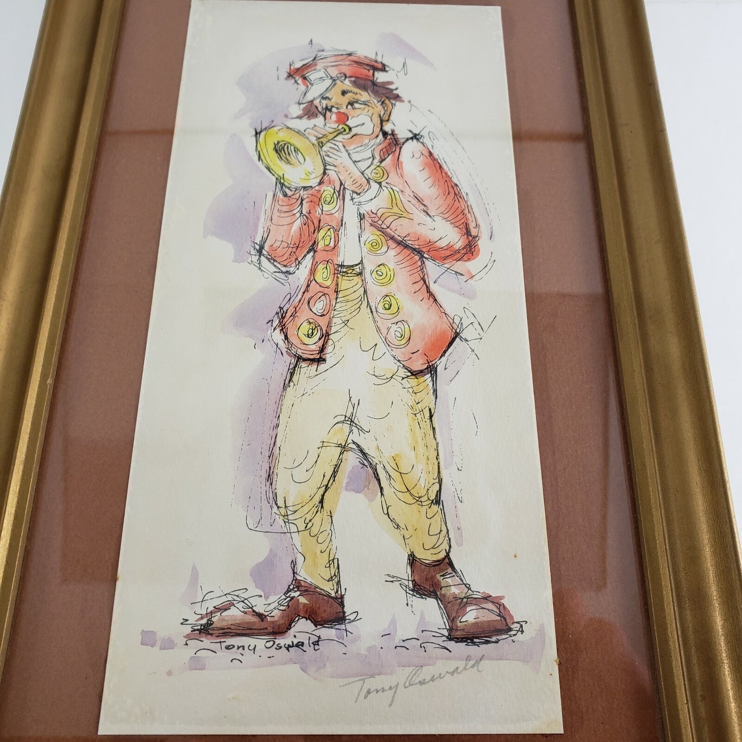 Framed Print Sketch of Clown Playing Horn Orange Watercolor Tony Oswald Signed