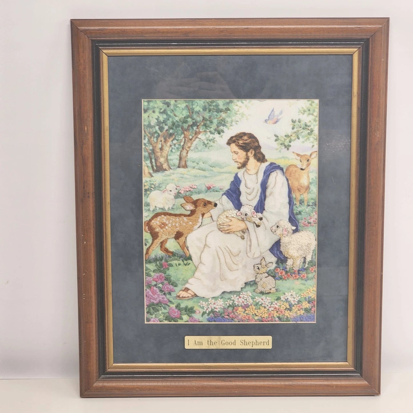 Framed Wall Art Jesus in Garden Surrounded by Animals "I Am the Good Shepherd"