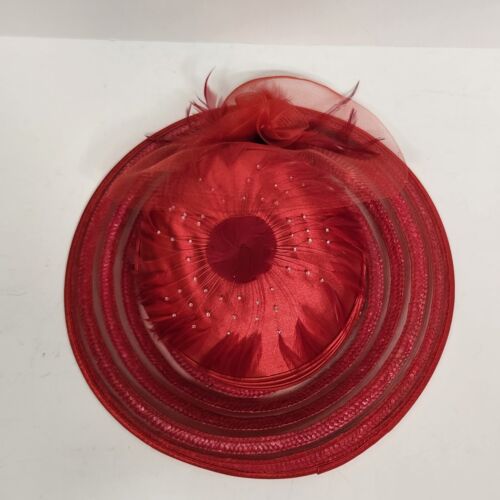 Women's Red Dressy Hat Banded Silk Bows Wedding Church Derby 100% Straw Vintage