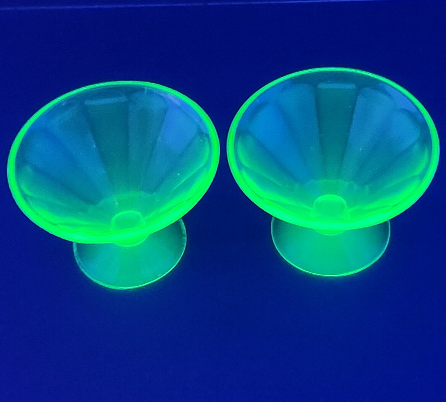 Set of 2 Depression Glass Footed Dessert Bowl Vintage Green Tinted Vaseline