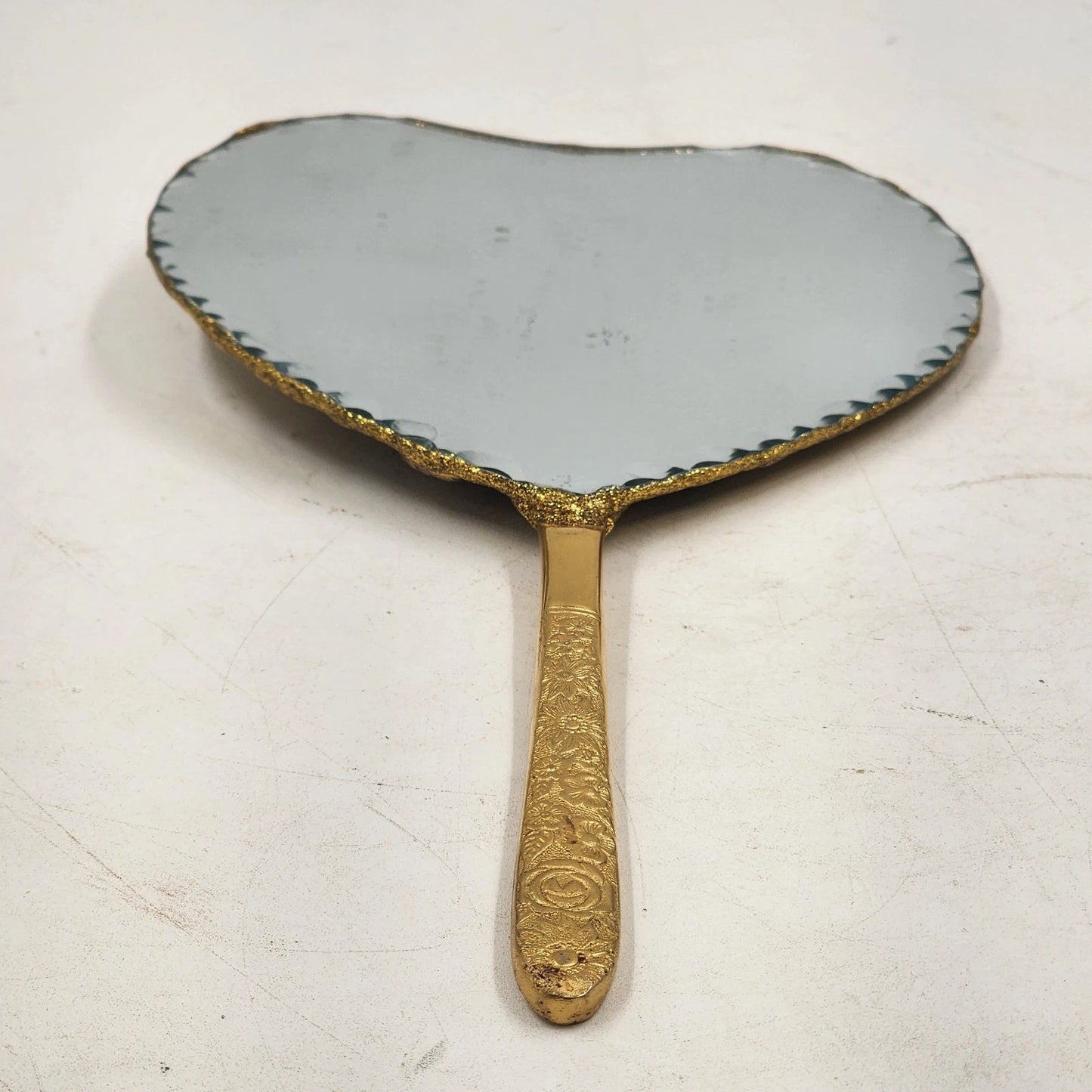 Ornate Vanity Hand Mirror Hand Crafted Upcycle Heart Shape Beveled Glass