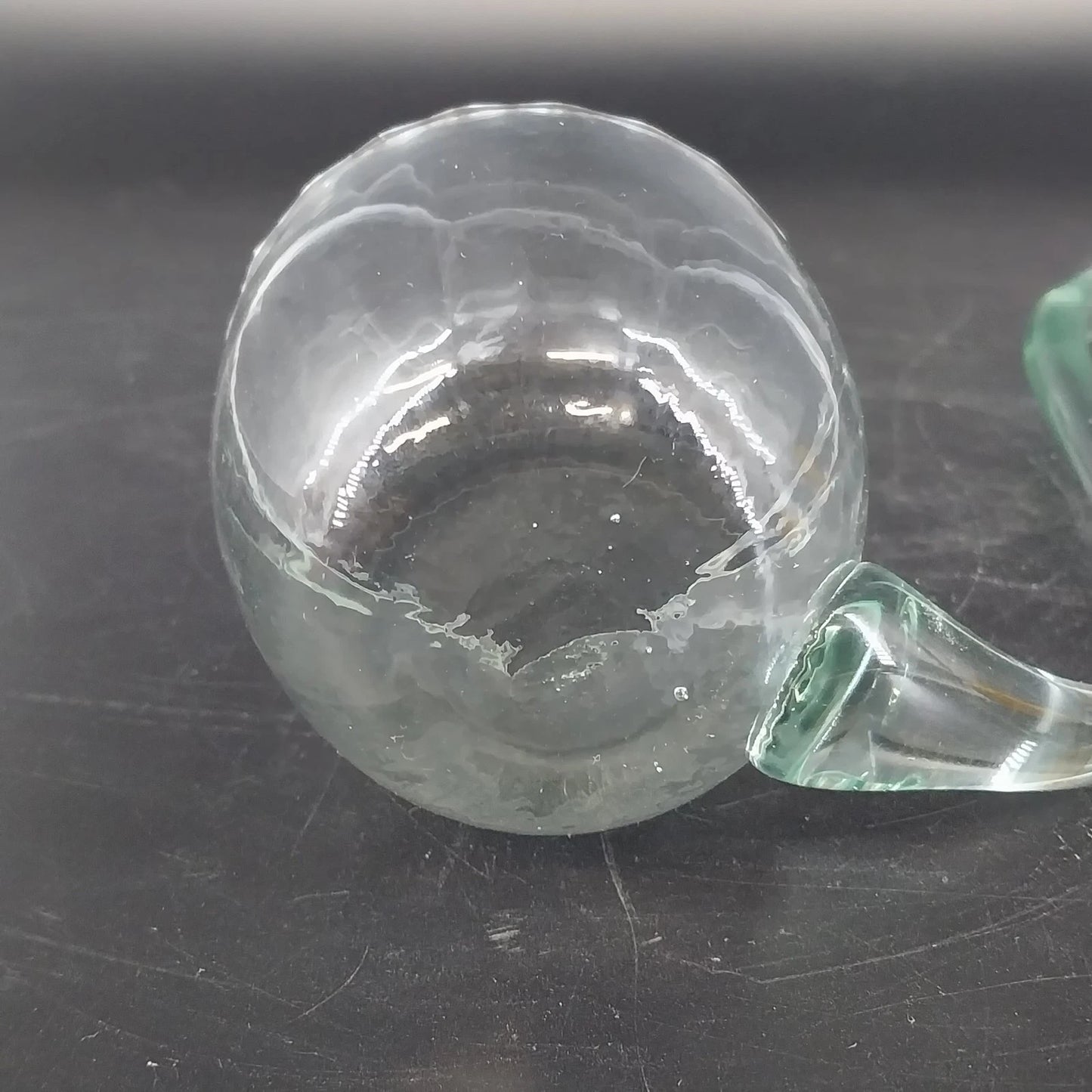 Hand Blown Glass Punch Bowl Ladle Green Tint Curved Handle 9in Large Dipper Vtg