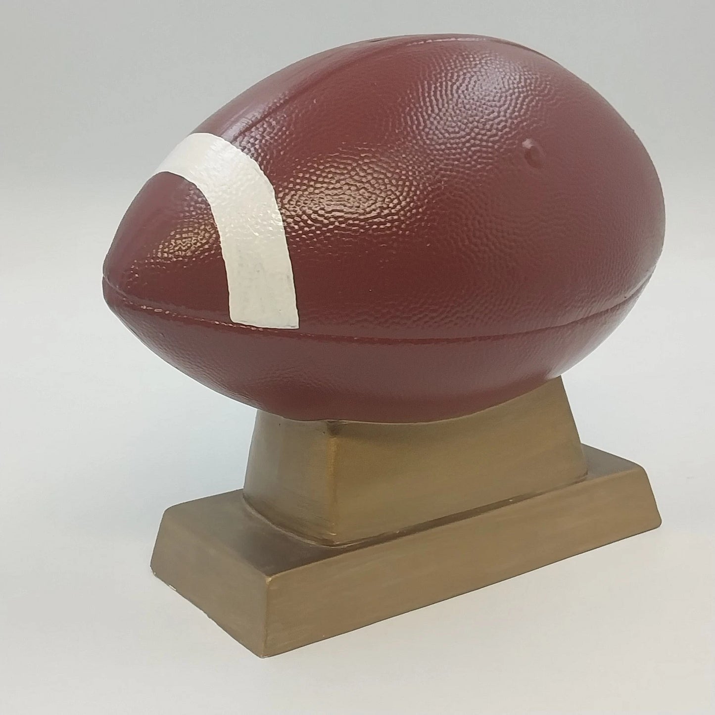 Ceramic Football Coin Bank Textured Sport Piggy Bank Brown on Pedestal Base 9.5"