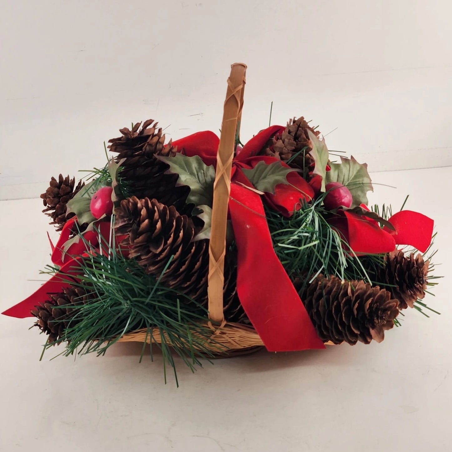 Christmas Basket Wicker Centerpiece Pinecones Holly Berries Greenery 8" China