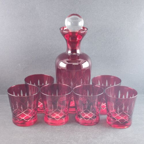 Garnet Red Cut to Clear Bohemian Glass Decanter Clear Stopper & 6 Rock Glasses