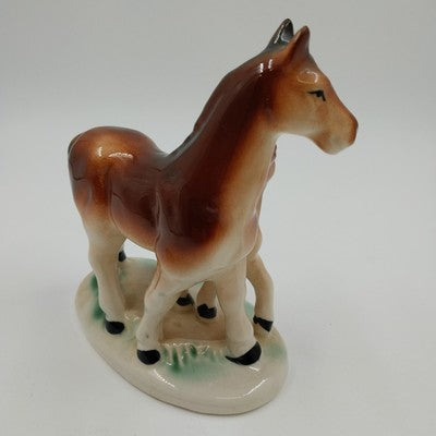 Equestrian Horse Mare & Colt Figurine Brown Black White Ceramic Vintage Japan 7"