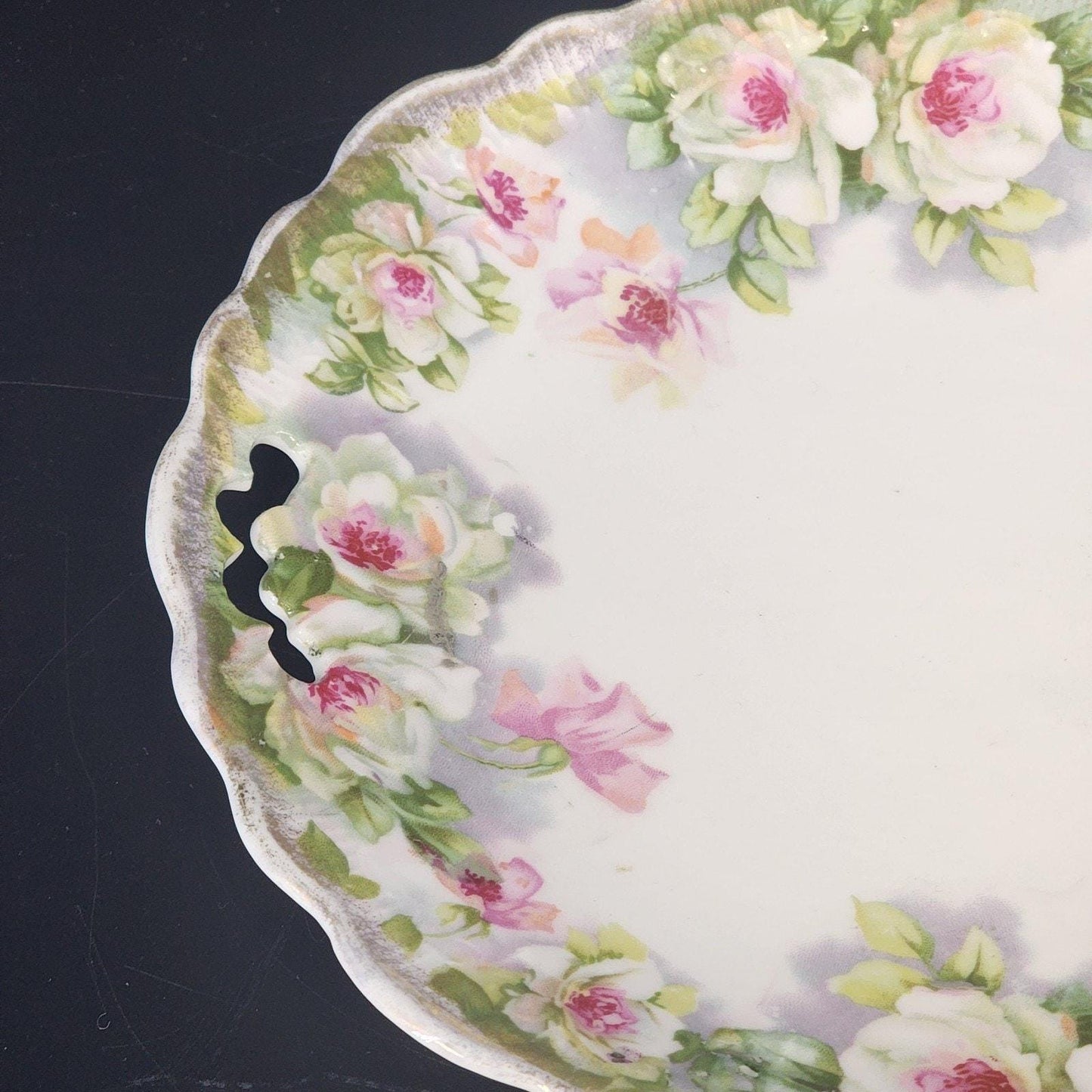 Limoges France Floral Plate Gold Trim Scalloped Handles 9.75 Inch Porcelain Serving Dish Antique