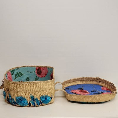 Woven Raffia Hat Box Suitcase Train case Blue Floral Travel 16" Boho Vintage