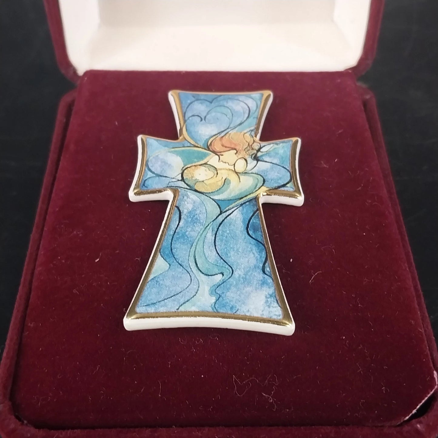 P Buckley Moss Millennium Cross Ceramic Pin Pendant Brooch 2" in Case 1999 Vtg