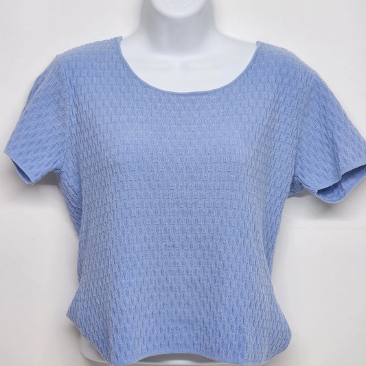 Talbots Women's Blue Short Slv M Textured Knit Top Scoop Neck Viscose Poly Italy