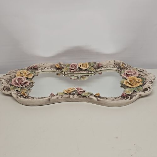 Large Capodimonte Porcelain Mirror Dresser Vanity Tray Roses Hour Glass Shape - Chipped Petal