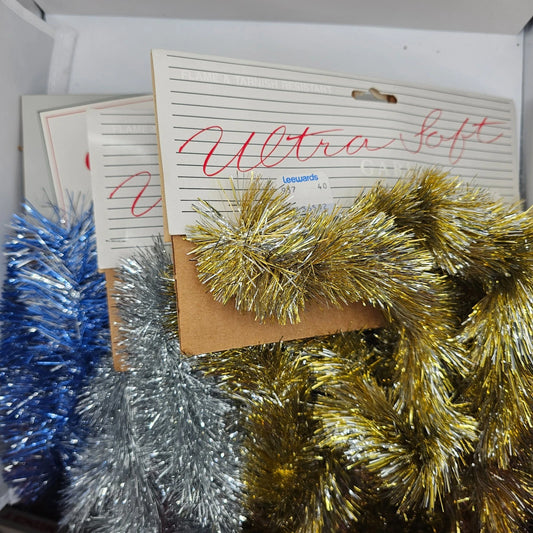 3 Pk Vintage Christmas Tinsel Garland Blue Silver Gold 18' NOS Made USA Shiney