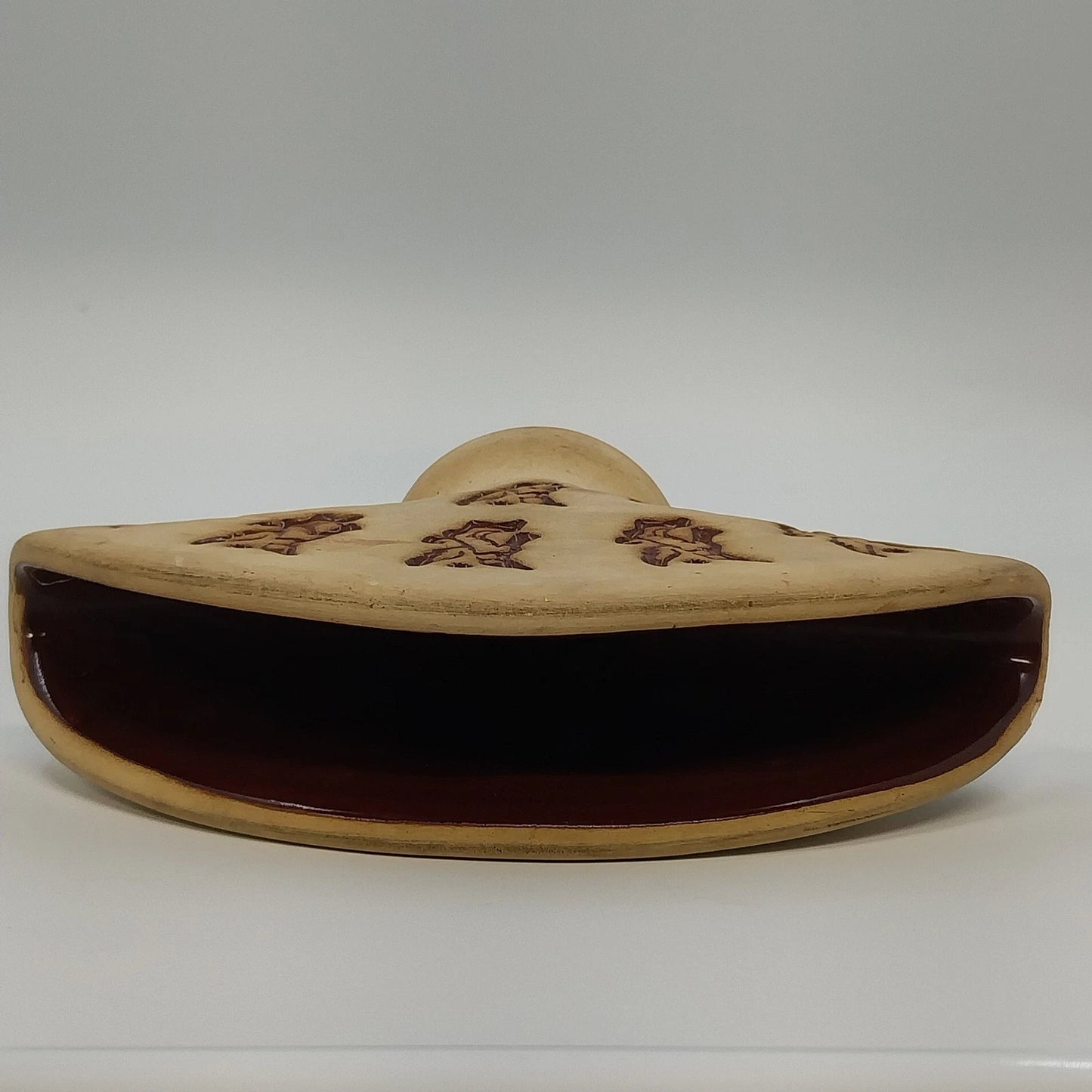 Pottery Napkin Holder Flying Winged Dog Motif Beige Brown Fan Shape 6.5" Repair