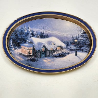 Thomas Kinkade Christmas Winter Cozy Cottage Scene Oval Tin Tray 14.5x11.5" 1997