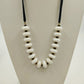 White Glass Beads w Gold Tone & Black Disks in Black Cording Long Necklace 15"