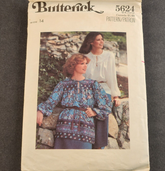 Butterick 5624 Vintage Sewing Pattern 1970's Misses Blouse/Shirt Top Size 14