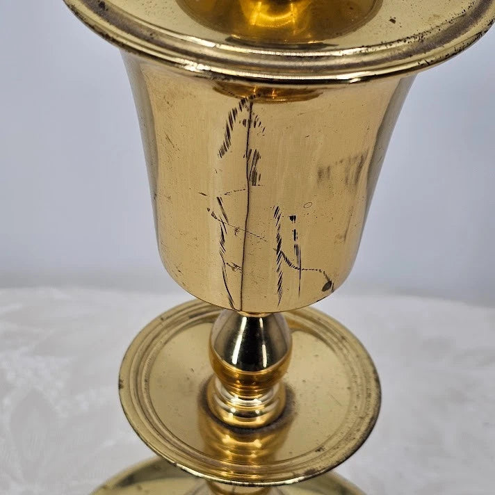 Brass Table Lamp 25" Fabric Shade Finial Electric 1980s Early American MCM