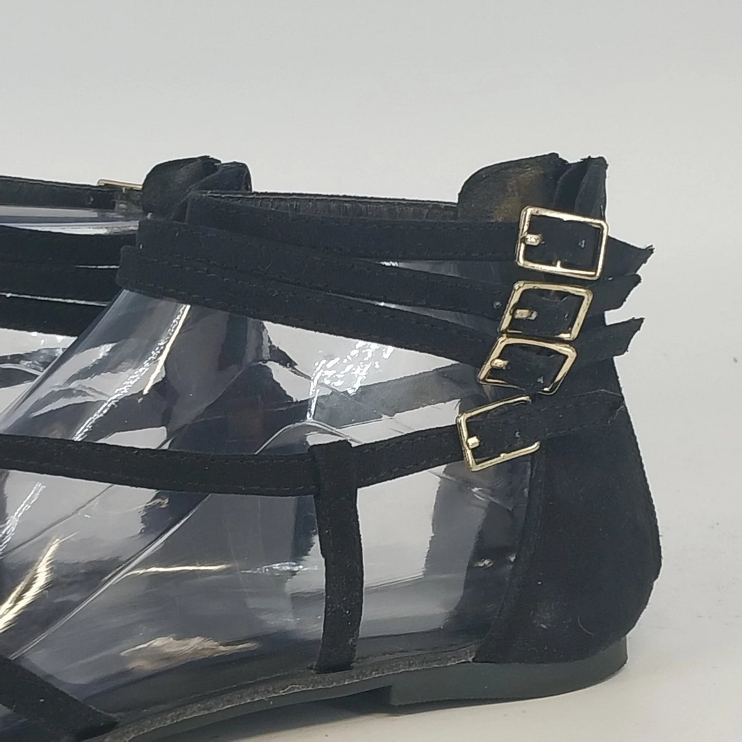 Forever 21 Black Jelly Strappy Flats Sandals Womens Size 8 Triple Buckle Ankle