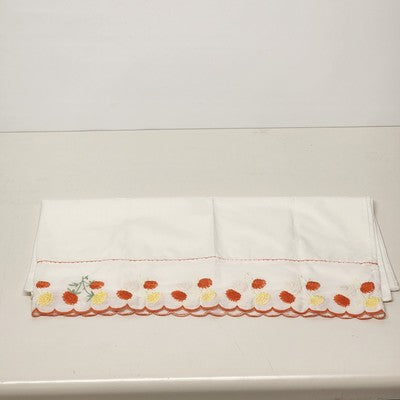 Solid White Twin Flat Sheet and Matching Pillow Case w Red & Yellow Floral Trim