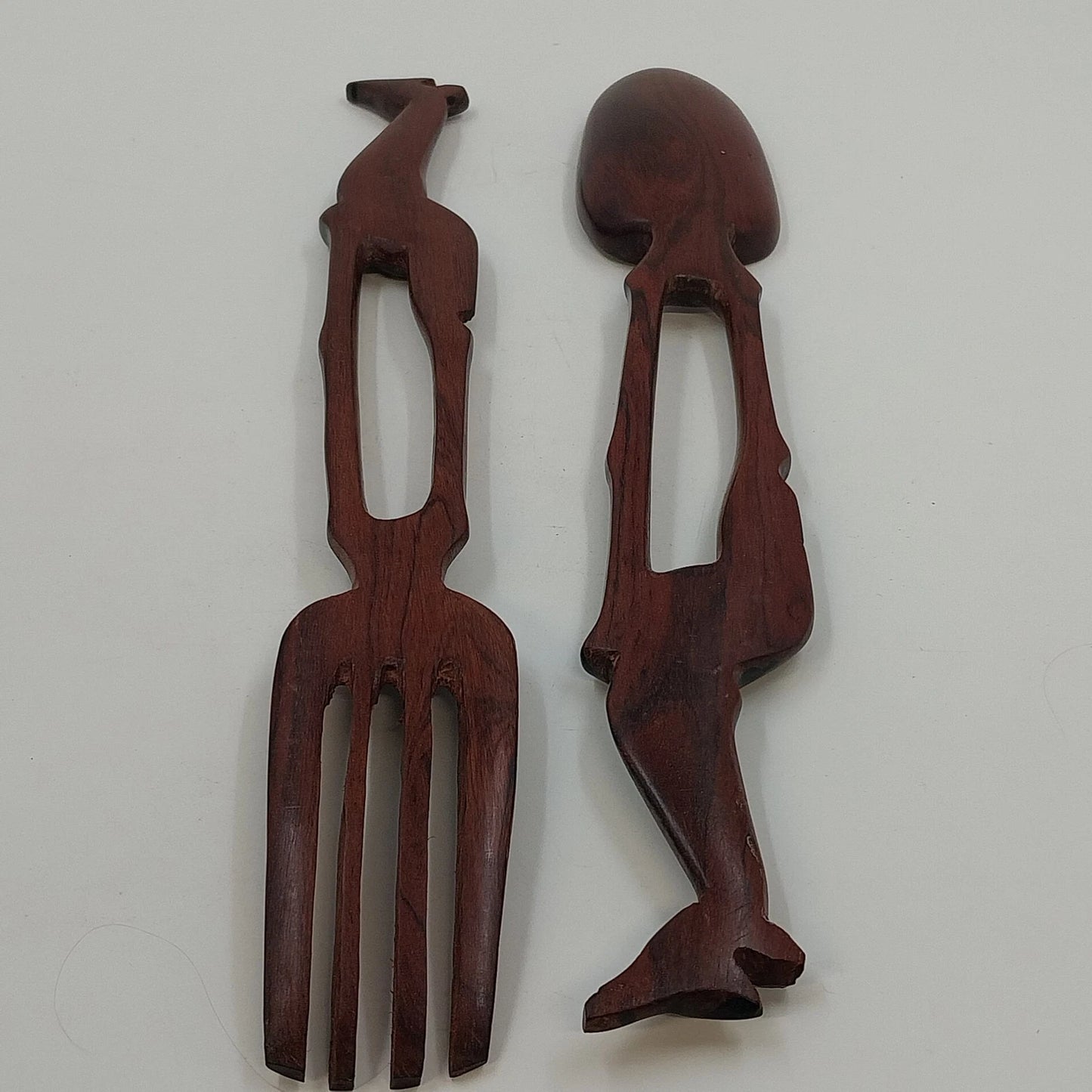 South African Hand Carved Wood Giraffe Salad Serving Fork Spoon Set Brown 13"
