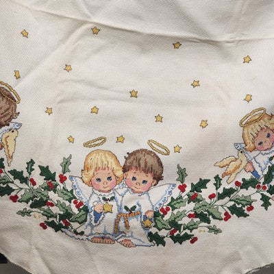 Holly & Angels 42" Round Christmas Tablecloth Counted Cross Stitch Stars